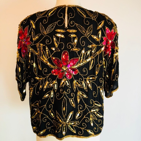 Vintage Floral Sequin Silk Retro Top M - Picture 3 of 6